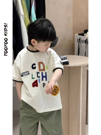 Dječji pamučni T-shirt s kratkim rukavima, okrugli izrez, natpis slovima, 80% pamuk, tkanina koja odvodi vlagu, korejski stil
