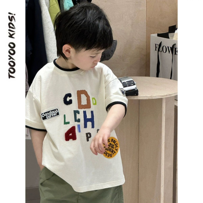 Dječji pamučni T-shirt s kratkim rukavima, okrugli izrez, natpis slovima, 80% pamuk, tkanina koja odvodi vlagu, korejski stil