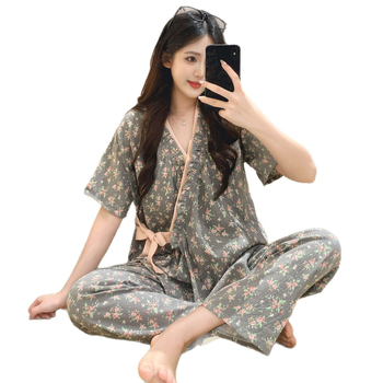Női pizsama szett japán stílusban, laza szabás, virágmintás poliészter, V-nyak, 3/4-es ujj, hosszú nadrág, nyári viselet