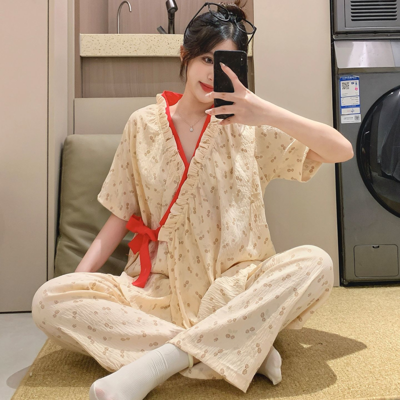 Női pizsama szett japán stílusban, laza szabás, virágmintás poliészter, V-nyak, 3/4-es ujj, hosszú nadrág, nyári viselet
