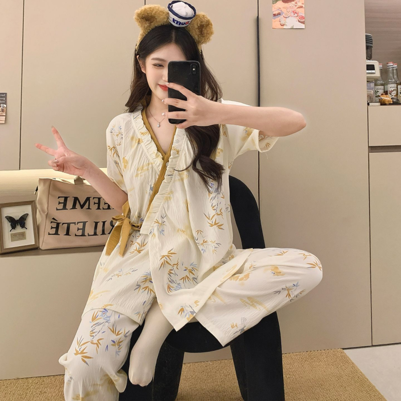 Női pizsama szett japán stílusban, laza szabás, virágmintás poliészter, V-nyak, 3/4-es ujj, hosszú nadrág, nyári viselet