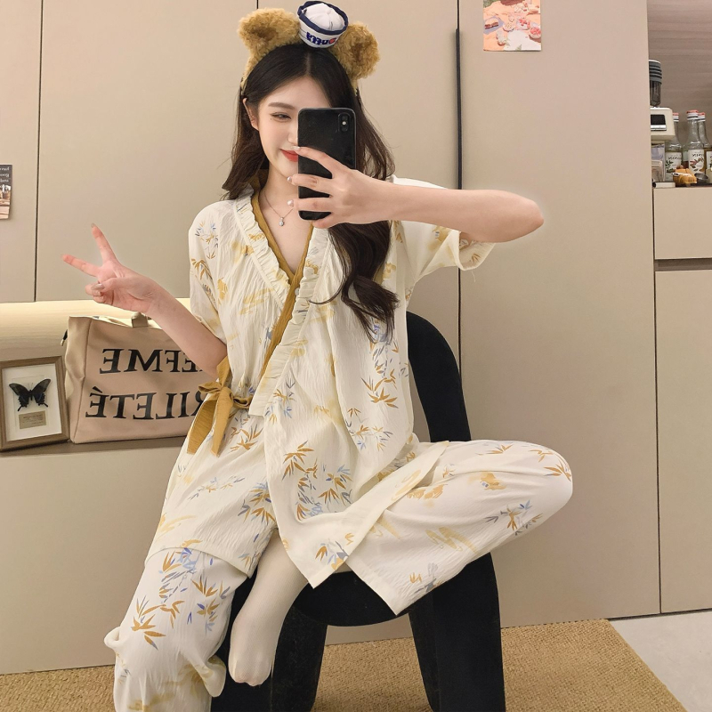 Női pizsama szett japán stílusban, laza szabás, virágmintás poliészter, V-nyak, 3/4-es ujj, hosszú nadrág, nyári viselet