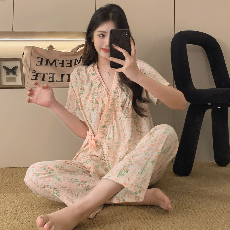 Női pizsama szett japán stílusban, laza szabás, virágmintás poliészter, V-nyak, 3/4-es ujj, hosszú nadrág, nyári viselet