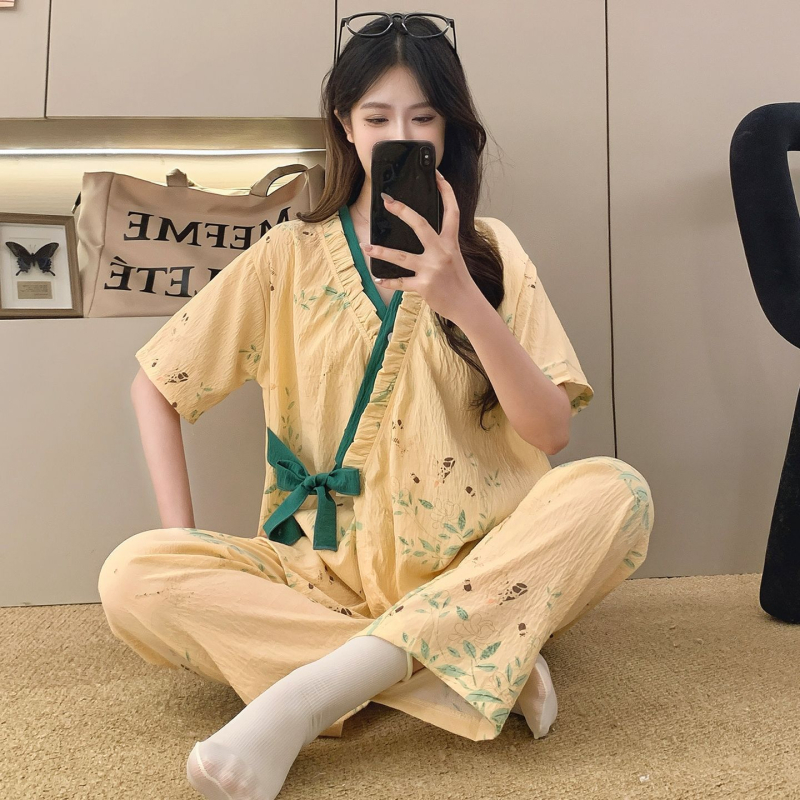 Női pizsama szett japán stílusban, laza szabás, virágmintás poliészter, V-nyak, 3/4-es ujj, hosszú nadrág, nyári viselet