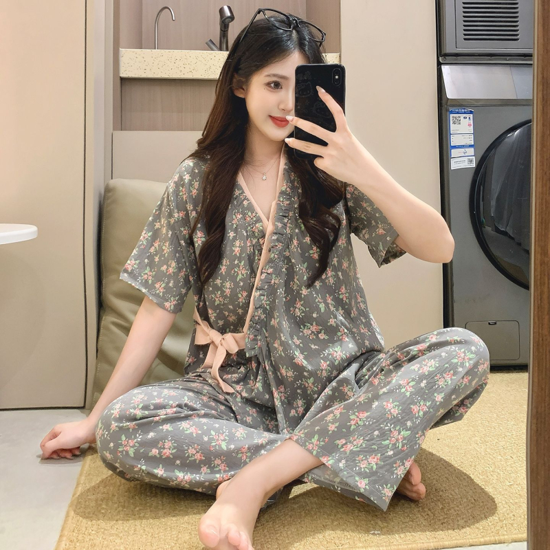 Női pizsama szett japán stílusban, laza szabás, virágmintás poliészter, V-nyak, 3/4-es ujj, hosszú nadrág, nyári viselet