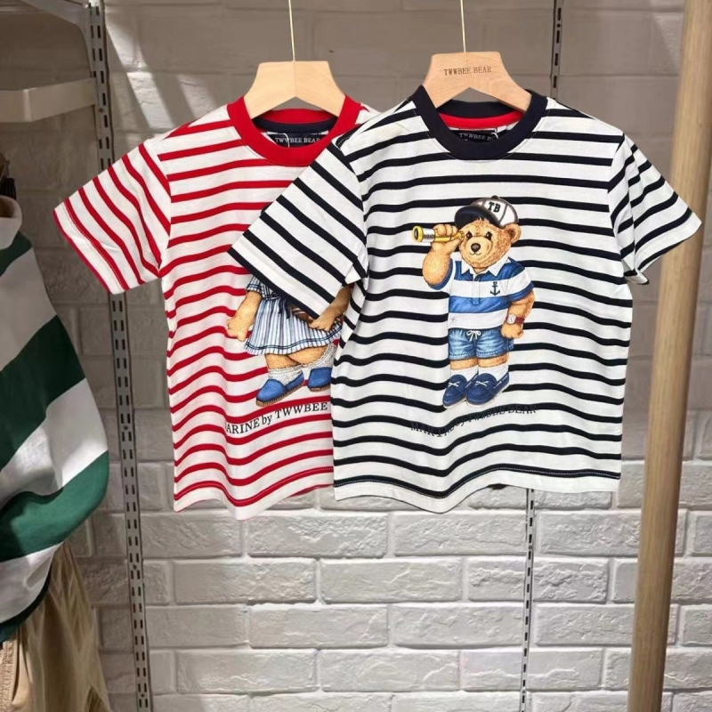 Dječji pamučni prugasti T-shirt kratkih rukava s okruglim izrezom za djecu od 3 do 8 godina