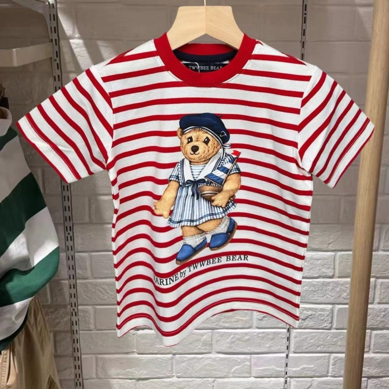 Dječji pamučni prugasti T-shirt kratkih rukava s okruglim izrezom za djecu od 3 do 8 godina