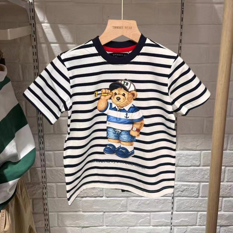 Dječji pamučni prugasti T-shirt kratkih rukava s okruglim izrezom za djecu od 3 do 8 godina
