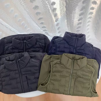 Мъжка пухена жилетка с качулка, тънка ламинирана конструкция, съдържание на пух 86–90%, пухово напълване 40, цип, полиестерна материя