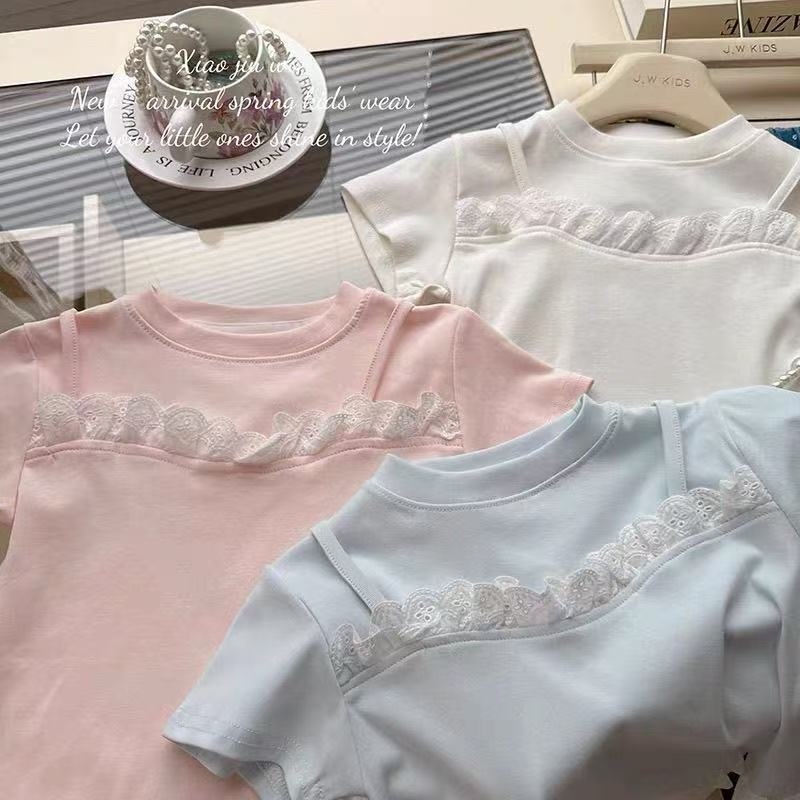 Dječje pamukasto kratkih rukava s čipkom, korejski stil, slatka majica, ljeto, uzrast 1–8 godina, okrugli izrez, upija vlagu.