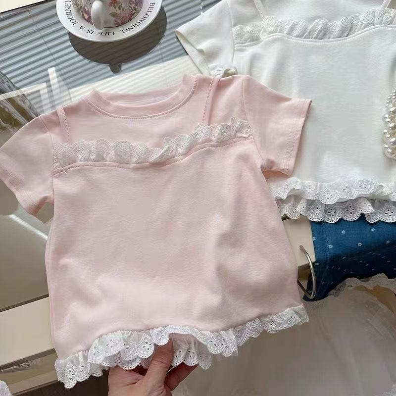 Dječje pamukasto kratkih rukava s čipkom, korejski stil, slatka majica, ljeto, uzrast 1–8 godina, okrugli izrez, upija vlagu.