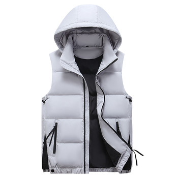 Мъжка пухена жилетка с качулка, пълнена с 90 g бяла гъша пух, полиестерна материя, свободна кройка, зима 2023