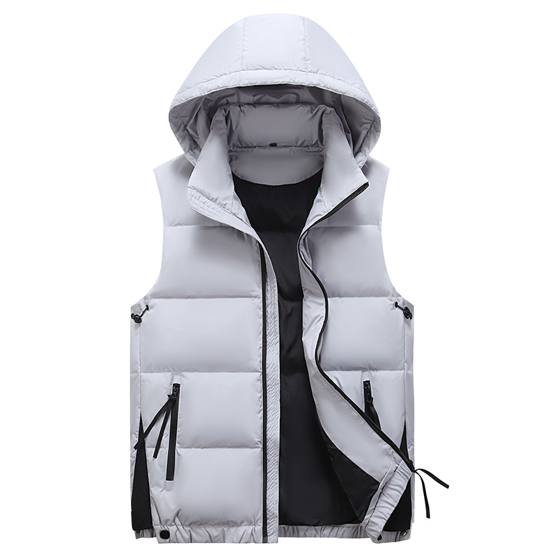 Мъжка пухена жилетка с качулка, пълнена с 90 g бяла гъша пух, полиестерна материя, свободна кройка, зима 2023