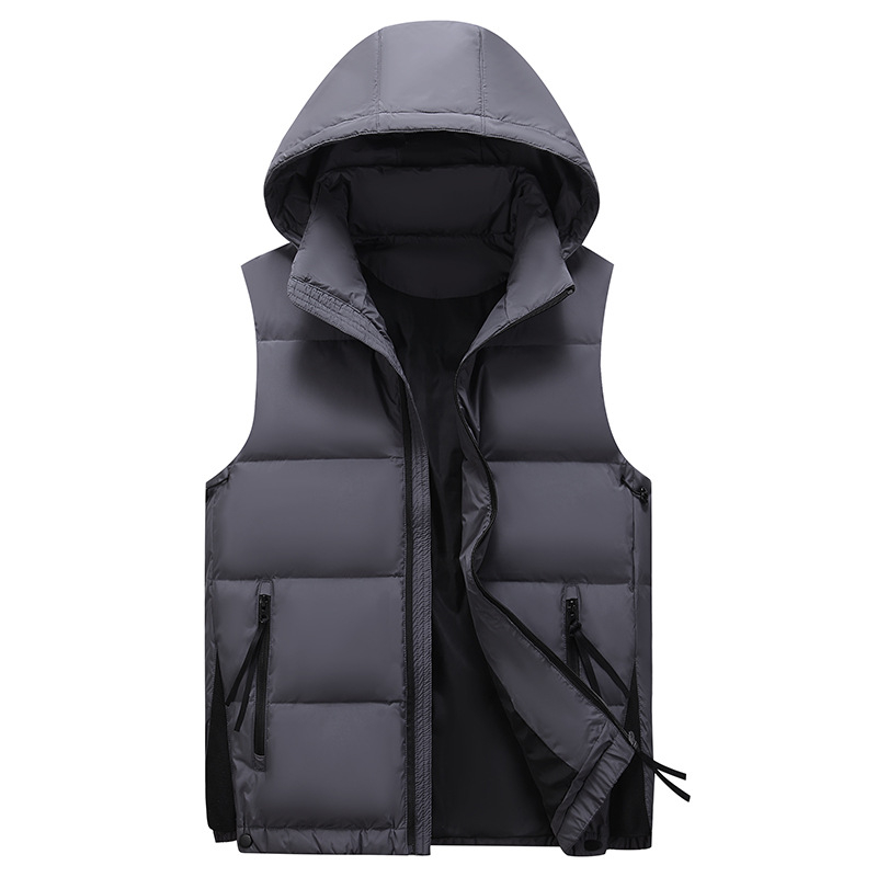 Мъжка пухена жилетка с качулка, пълнена с 90 g бяла гъша пух, полиестерна материя, свободна кройка, зима 2023