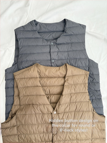Мъжка пухена жилетка с подплата, тънка и лека, V-образно деколте, пухово съдържание 86–90%, пълнеж 40, Найлонов плат
