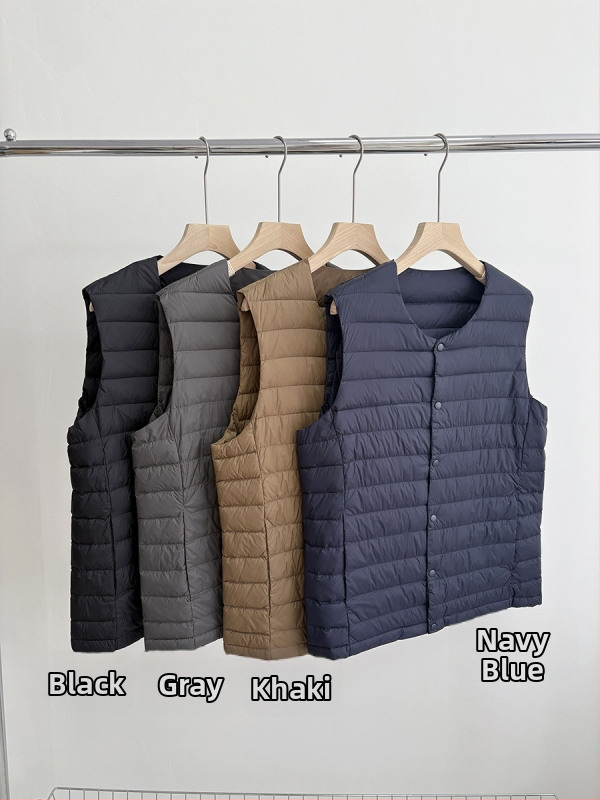 Мъжка пухена жилетка с подплата, тънка и лека, V-образно деколте, пухово съдържание 86–90%, пълнеж 40, Найлонов плат