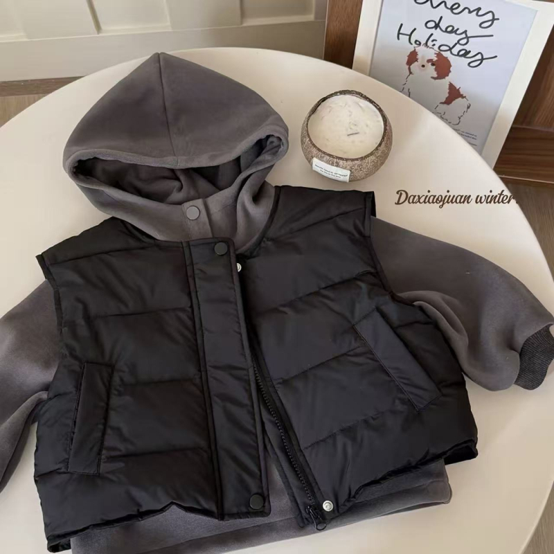 Dječji zimski dvodijelni komplet s kapuljačom: vest i džemper, unisex, poliester tkanina, debela materija, za dob 3–8 godina