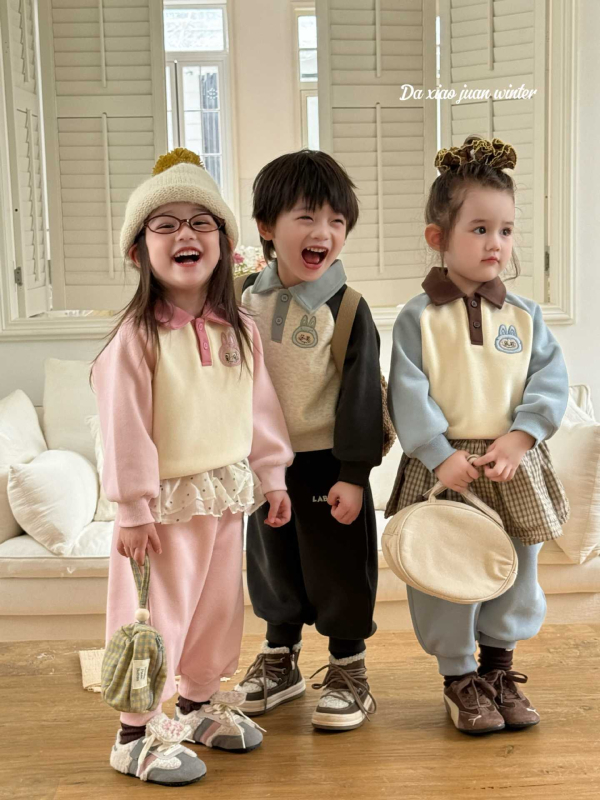Dječji dvodijelni set u korejskom stilu s blok bojama, pamuk s fleece podstavom, dugi rukav i hlače, za djecu 3–8 godina