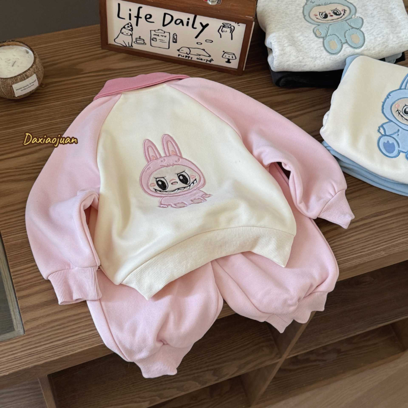 Dječji dvodijelni set u korejskom stilu s blok bojama, pamuk s fleece podstavom, dugi rukav i hlače, za djecu 3–8 godina
