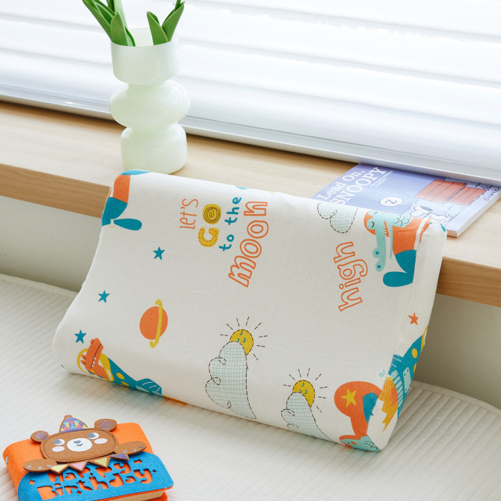 Детска латексова възглавница с вълнообразна форма, естествен латекс >90%, плетена основна тъкан; подходяща за деца от 1 до 12 години