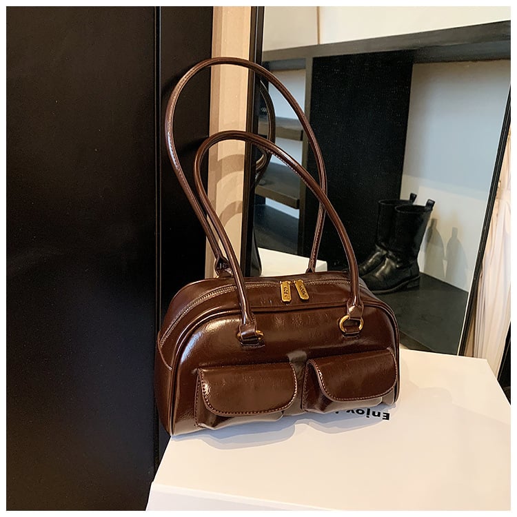 Női PU tote táska, városi egyszerű stílus, vízszintes négyszögletes forma, cipzár, 2025 tavasz