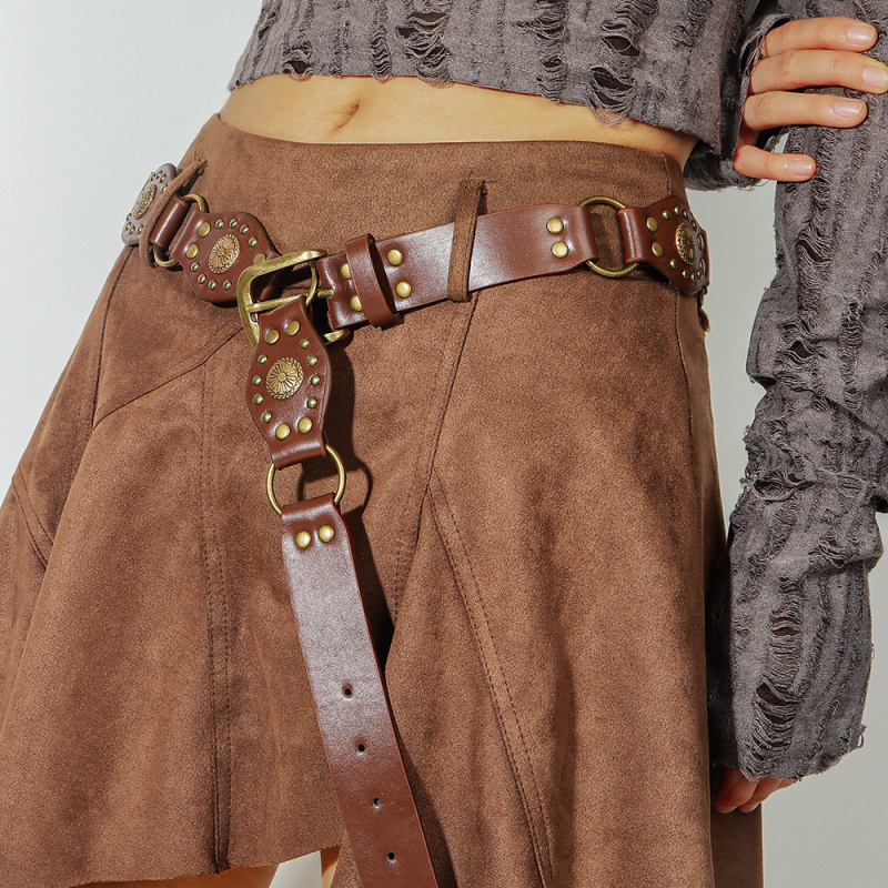 Remen s nitima, široki PU kožni remen, sprijeg od legure, kopča s pin mehanizmom, punk stil, širina nad 4 cm