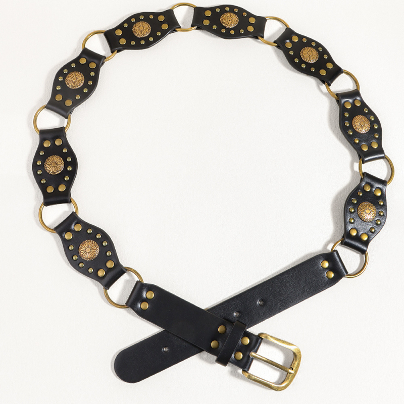 Remen s nitima, široki PU kožni remen, sprijeg od legure, kopča s pin mehanizmom, punk stil, širina nad 4 cm