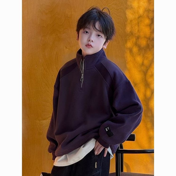 Gyerek fleeces pulóver koreai stílusban, egyszínű, fő anyag: nyúl szőr ≥95%, bolyhosított felület, téli vastag, fél cipzár és álló gallér