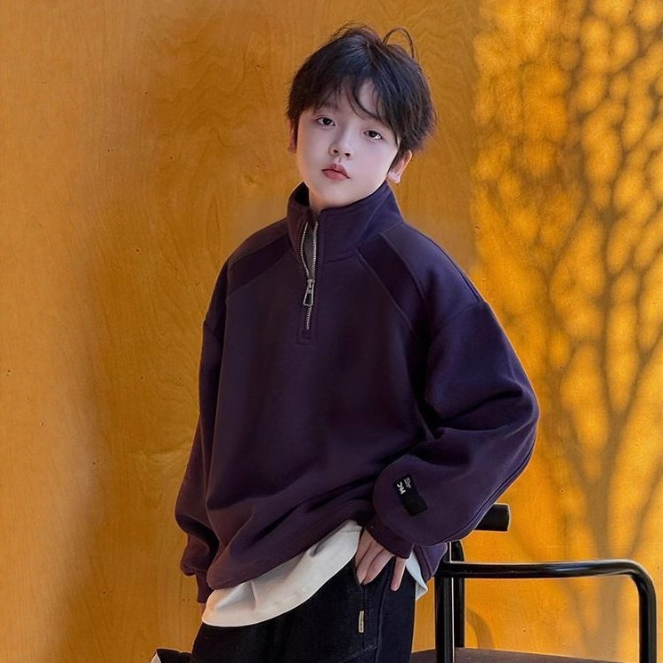 Gyerek fleeces pulóver koreai stílusban, egyszínű, fő anyag: nyúl szőr ≥95%, bolyhosított felület, téli vastag, fél cipzár és álló gallér