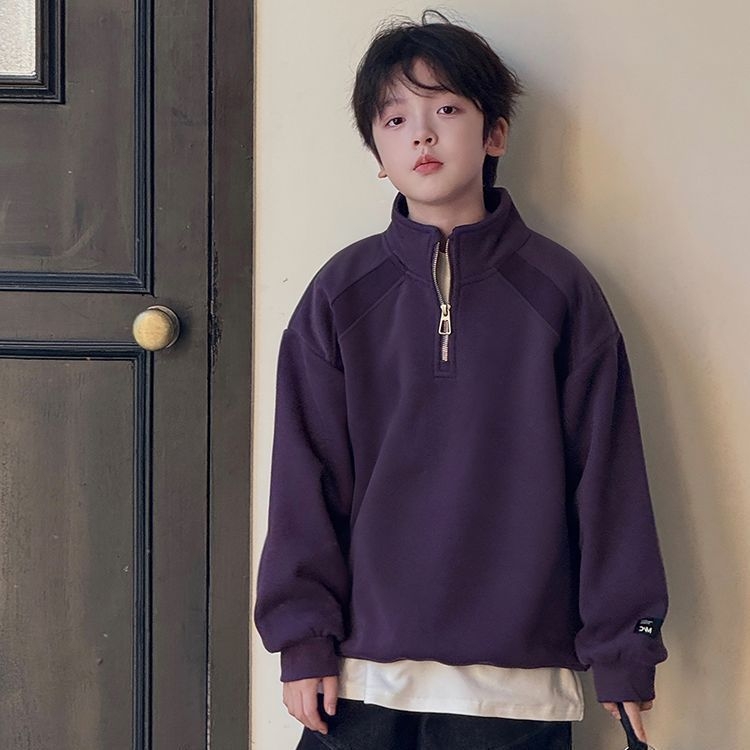 Gyerek fleeces pulóver koreai stílusban, egyszínű, fő anyag: nyúl szőr ≥95%, bolyhosított felület, téli vastag, fél cipzár és álló gallér