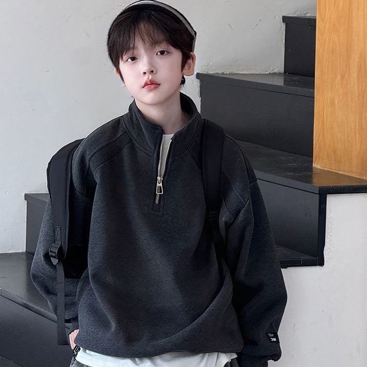 Gyerek fleeces pulóver koreai stílusban, egyszínű, fő anyag: nyúl szőr ≥95%, bolyhosított felület, téli vastag, fél cipzár és álló gallér