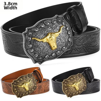 PU kožni pojas s velikom kopčom u obliku glave bivola – kopča od legure, glatko kopčanje, širina 2–4 cm, antikno elektroplatirano i reljefno završavanje