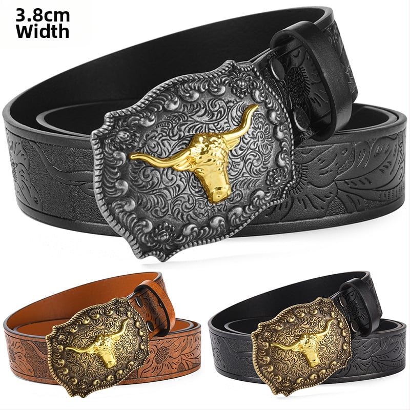 PU kožni pojas s velikom kopčom u obliku glave bivola – kopča od legure, glatko kopčanje, širina 2–4 cm, antikno elektroplatirano i reljefno završavanje