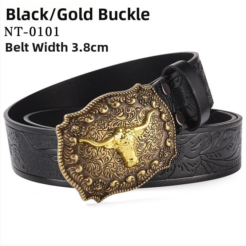 PU kožni pojas s velikom kopčom u obliku glave bivola – kopča od legure, glatko kopčanje, širina 2–4 cm, antikno elektroplatirano i reljefno završavanje