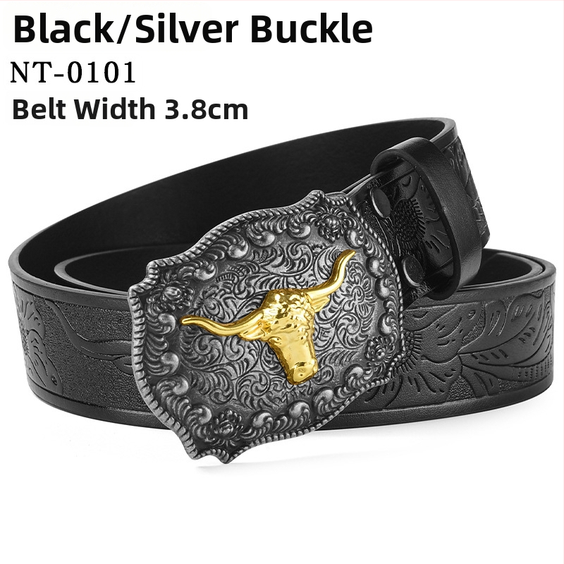 PU kožni pojas s velikom kopčom u obliku glave bivola – kopča od legure, glatko kopčanje, širina 2–4 cm, antikno elektroplatirano i reljefno završavanje