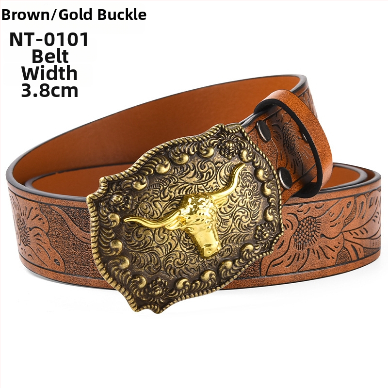 PU kožni pojas s velikom kopčom u obliku glave bivola – kopča od legure, glatko kopčanje, širina 2–4 cm, antikno elektroplatirano i reljefno završavanje