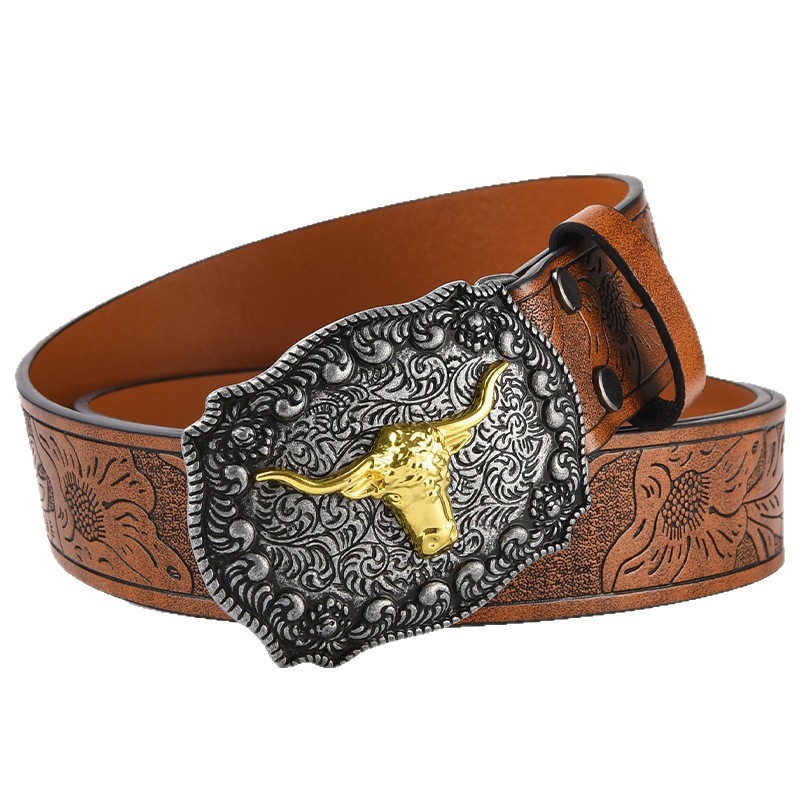 PU kožni pojas s velikom kopčom u obliku glave bivola – kopča od legure, glatko kopčanje, širina 2–4 cm, antikno elektroplatirano i reljefno završavanje