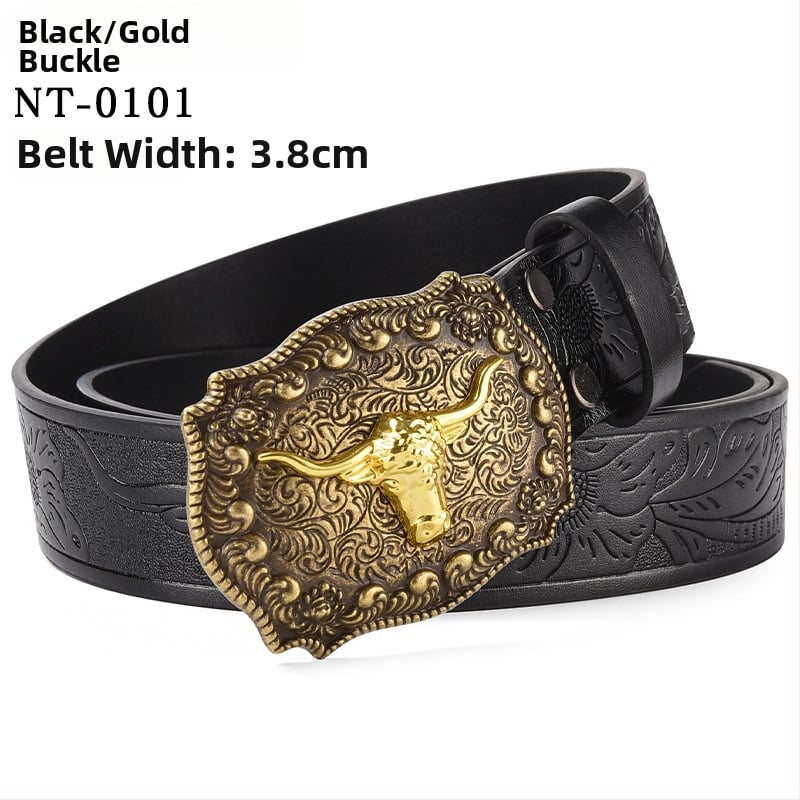 PU kožni pojas s velikom kopčom u obliku glave bivola – kopča od legure, glatko kopčanje, širina 2–4 cm, antikno elektroplatirano i reljefno završavanje