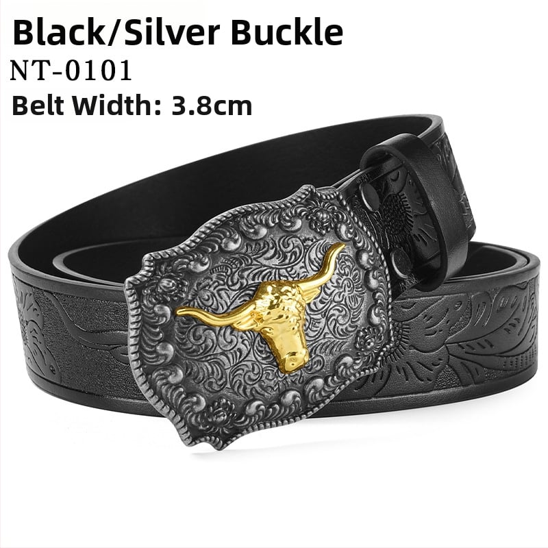 PU kožni pojas s velikom kopčom u obliku glave bivola – kopča od legure, glatko kopčanje, širina 2–4 cm, antikno elektroplatirano i reljefno završavanje