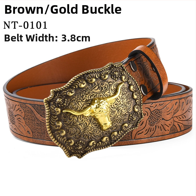 PU kožni pojas s velikom kopčom u obliku glave bivola – kopča od legure, glatko kopčanje, širina 2–4 cm, antikno elektroplatirano i reljefno završavanje