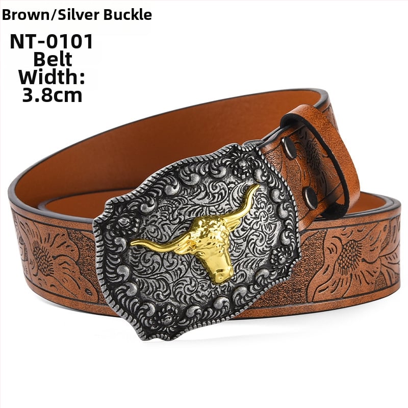 PU kožni pojas s velikom kopčom u obliku glave bivola – kopča od legure, glatko kopčanje, širina 2–4 cm, antikno elektroplatirano i reljefno završavanje