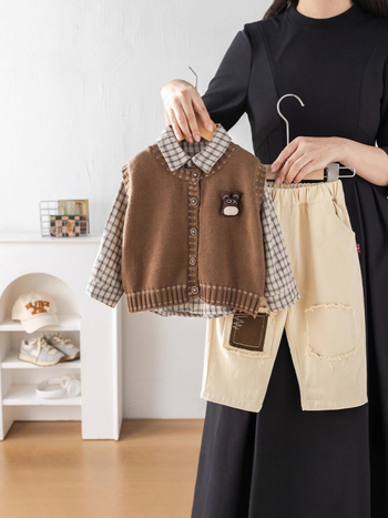 Trodjelni dječji kostim za proljeće i jesen, unisex, 1-3 godine, korejski stil, pulover s patch-om, košulja i hlače, pamuk 75%