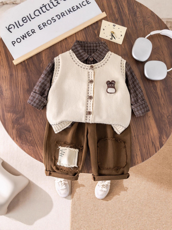 Trodjelni dječji kostim za proljeće i jesen, unisex, 1-3 godine, korejski stil, pulover s patch-om, košulja i hlače, pamuk 75%