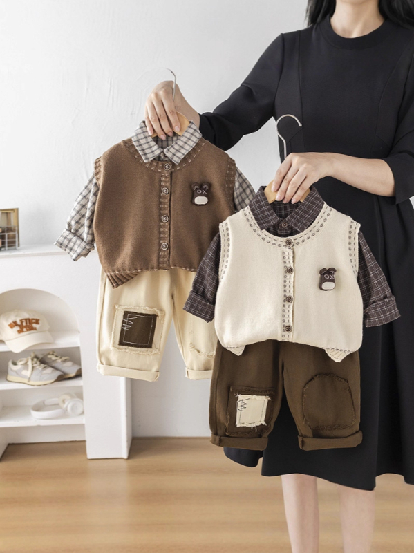 Trodjelni dječji kostim za proljeće i jesen, unisex, 1-3 godine, korejski stil, pulover s patch-om, košulja i hlače, pamuk 75%