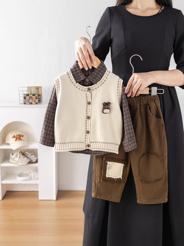 Trodjelni dječji kostim za proljeće i jesen, unisex, 1-3 godine, korejski stil, pulover s patch-om, košulja i hlače, pamuk 75%