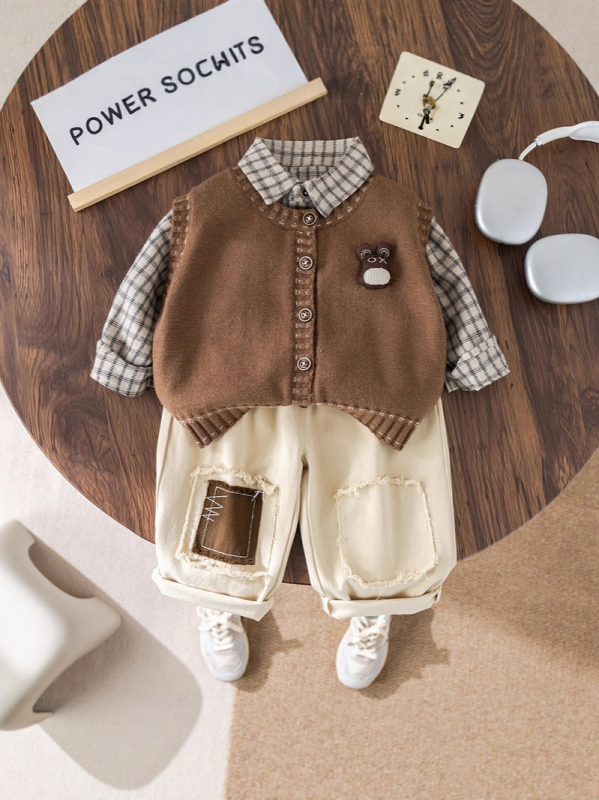 Trodjelni dječji kostim za proljeće i jesen, unisex, 1-3 godine, korejski stil, pulover s patch-om, košulja i hlače, pamuk 75%