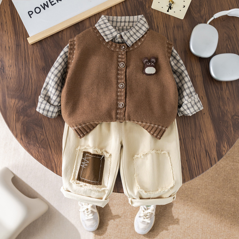 Trodjelni dječji kostim za proljeće i jesen, unisex, 1-3 godine, korejski stil, pulover s patch-om, košulja i hlače, pamuk 75%