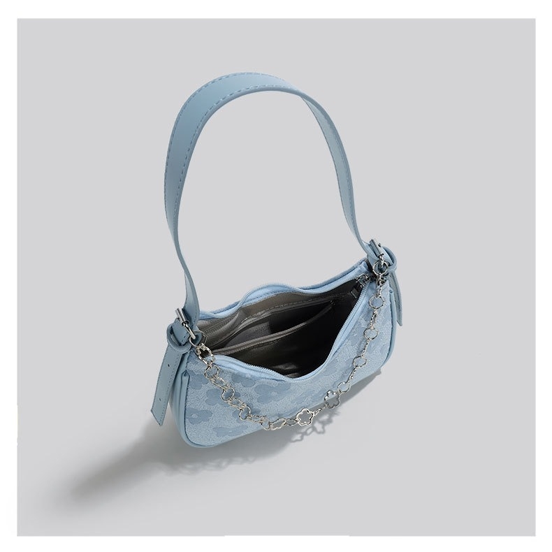 Geantă crossbody din canvas, siluetă baguette, formă dumpling, închidere cu fermoar, buzunar intern pentru telefon, bretele duble