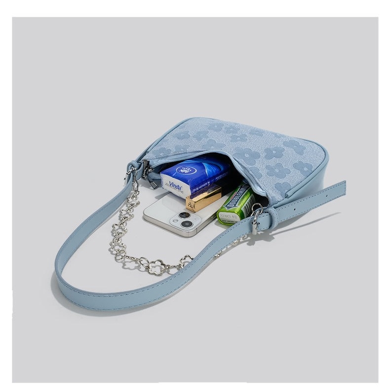 Geantă crossbody din canvas, siluetă baguette, formă dumpling, închidere cu fermoar, buzunar intern pentru telefon, bretele duble