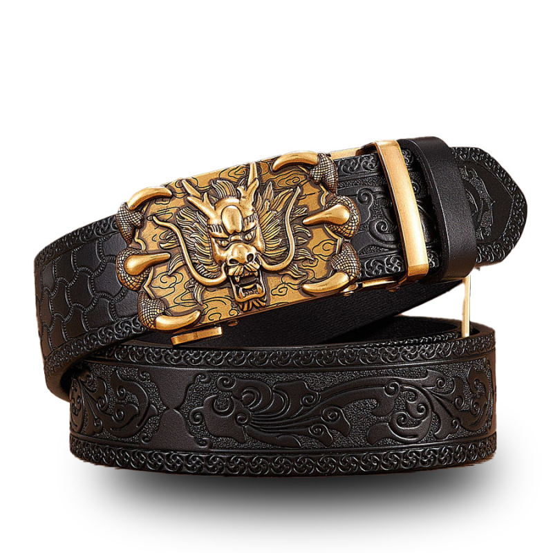 Vintage kožni remen s graviranim uzorkom Dragon King – prava koža, automatska kopča, uska širina (<2 cm), proljeće 2024